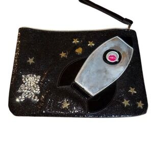 Betsey Johnson Wristlet Clutch Womens Large Black Space Stars Rhinestone rocket